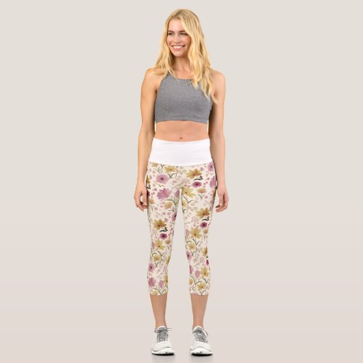 boho Rosa Wildblumen-Wasserfarbe  Capri Leggings (Vorderseite)