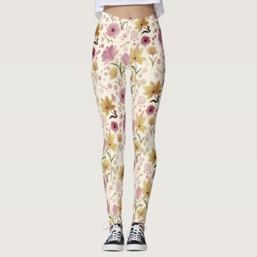 boho Rosa Wildblumen-Wasserfarbe Leggings (Vorderseite)