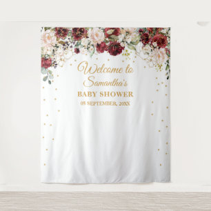 Boho rosafarbenes Burgunder-Blumen-Goldrahmen-Baby Wandteppich