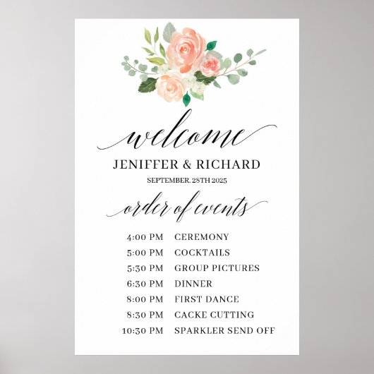 Boho rosafarbenes florales Hochzeitsprogramm Poster (Vorne)