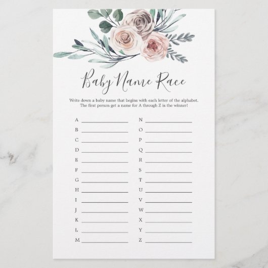 Boho Rose Baby Dusche Baby Name Race Game (Vorderseite)