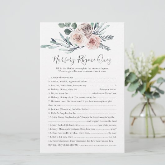 Boho Rose Baby Dusche Kinderzimmer Rhyme Quiz Game (Stehend Vorderseite)