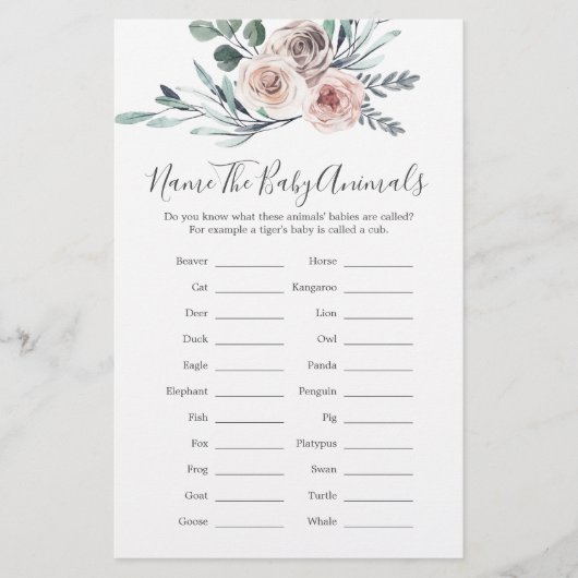 Boho Rose Babydusche Name The Baby Animals Game (Vorderseite)