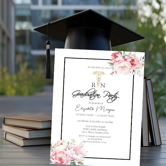 Boho Rose Black Frame RN Krankenschwester Graduati Einladung