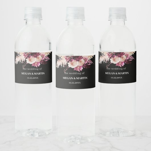 Boho Rose Burgundy Black Wedding Flasche Label Wasserflaschenetikett (Flaschen)