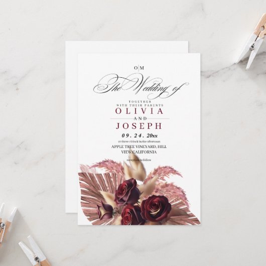 Boho Rose Floral Rustic Wedding Einladung (Vorderseite/Rückseite Beispiel)