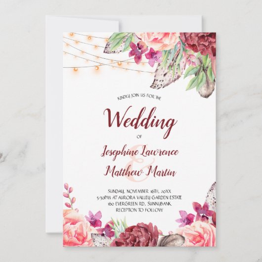 Boho Rose fühlen Lights Wedding Einladung (Vorderseite)