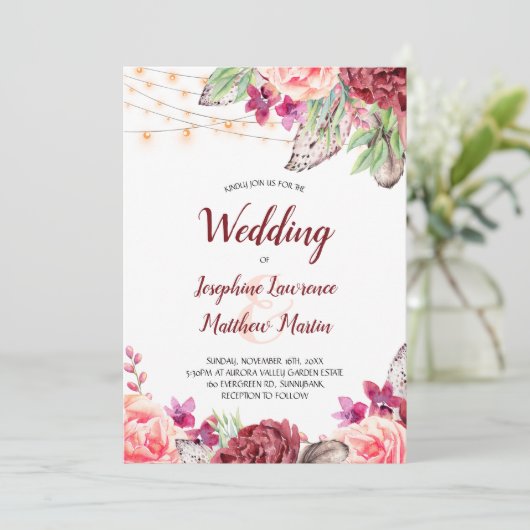 Boho Rose fühlen Lights Wedding Einladung (Stehend Vorderseite)