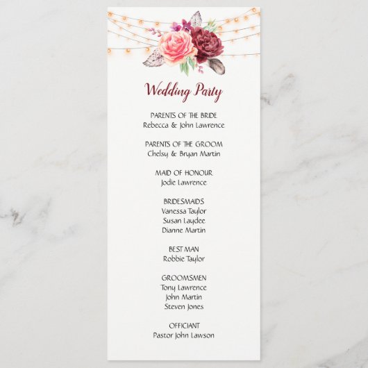 Boho Rose fühlen Lights Wedding Programm (Rückseite)