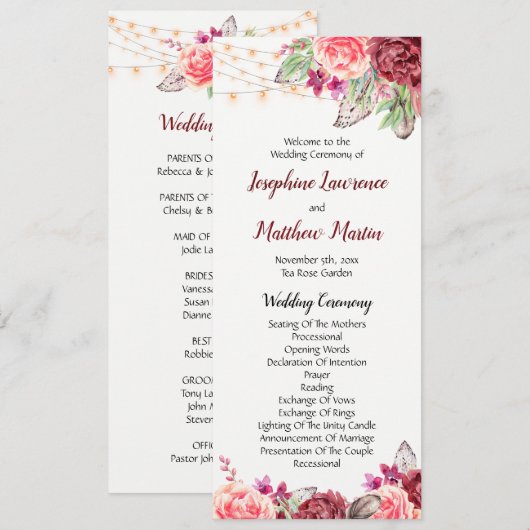 Boho Rose fühlen Lights Wedding Programm (Vorne/Hinten)