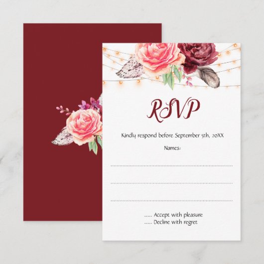 Boho Rose fühlen Lights Wedding RSVP Karte (Vorne/Hinten)