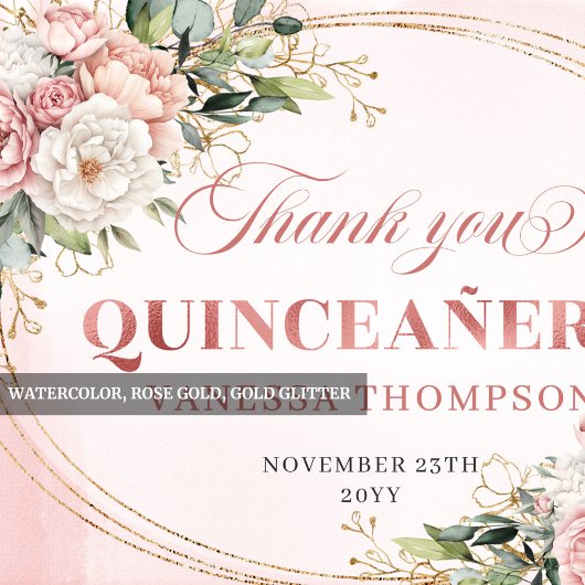 Boho Rose Gold Blush Floral Greenery Mis Quince  Dankeskarte