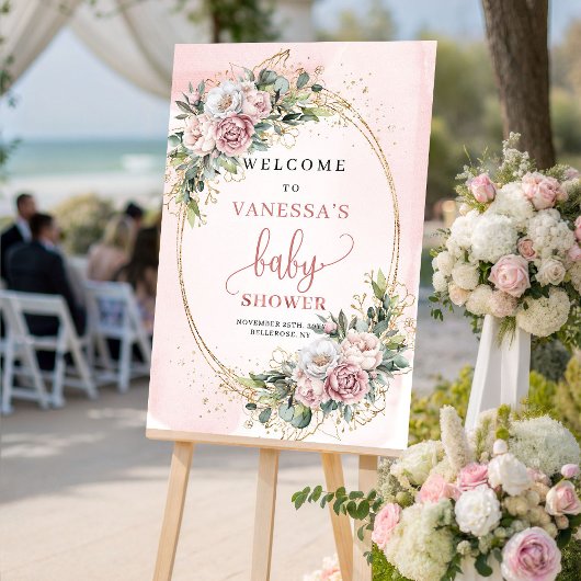 Boho Rose Gold Floral Baby Shower Welcome Sign Poster