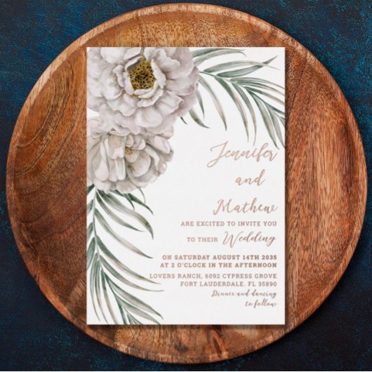 Boho Rose Gold Script Tropical Floral Wedding Folieneinladung