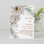 Boho Rose Gold Script Tropical Floral Wedding Folieneinladung (Stehend vorne)