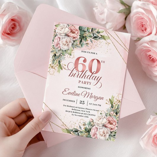 Boho Rose Gold Watercolor Floral 60th Birthday  Einladung