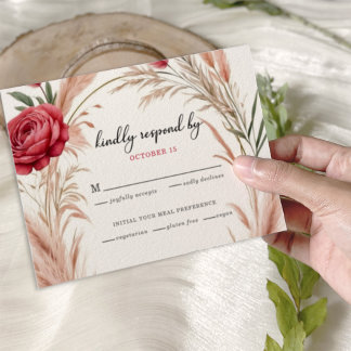 Boho Rose Pampas Grass Wedding RSVP Karte