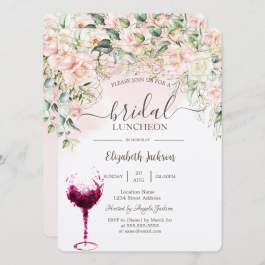 Boho Rose, Weinglas Bridal Luncheon Einladung (Vorne/Hinten)