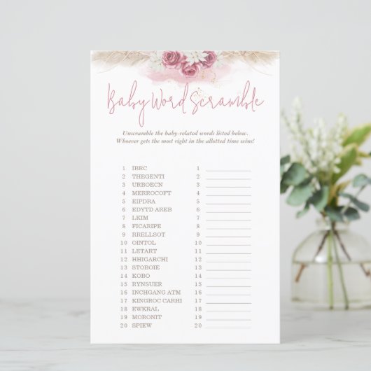 Boho Rose Word Scramble Animals Baby Showspiel (Stehend Vorderseite)