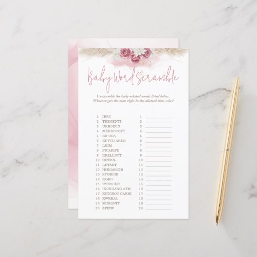 Boho Rose Word Scramble Animals Baby Showspiel (Vorderseite/Rückseite Beispiel)