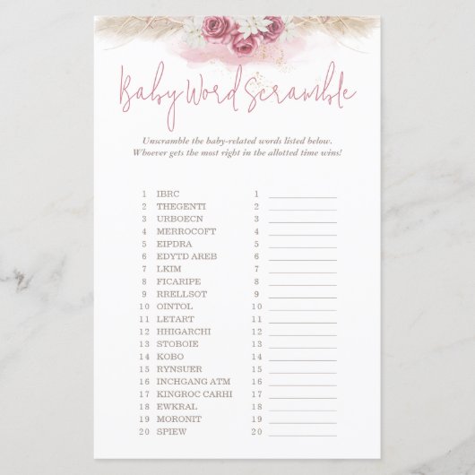 Boho Rose Word Scramble Animals Baby Showspiel (Vorderseite)