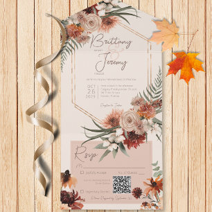 Boho-Rost & Neutrale Herbstblumen-Creme QR-Code All In One Einladung