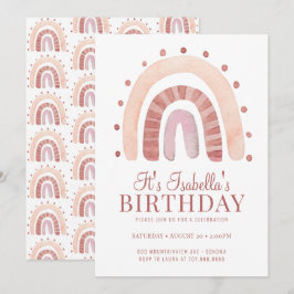 Boho Rosy Pink Brown Rainbow Kid's Geburtstagspart Einladung