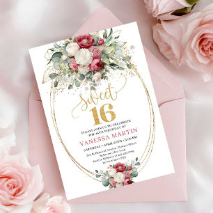 Boho-Rot-Burgunder-Gold-Rosen-Sweet-Sixteen-Einlad Einladung