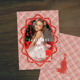 Boho-Rot-Glitter- und Karo-Oval-Foto-Weihnachten Feiertagskarte