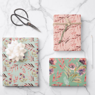 Boho Rot Pink Grün Wasserfarbe Wildblumen Geschenkpapier Set