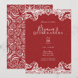 Boho Rot Weiße Spitze Fette 15 15 Quinceañera-Part Einladung