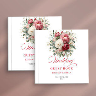 Boho Rot-Weißes Florales Hochzeitsgästebuch Anmeld Gästebuch
