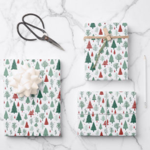 Boho rote grüne Weihnachtsbäume Feiertag Geschenkpapier Set