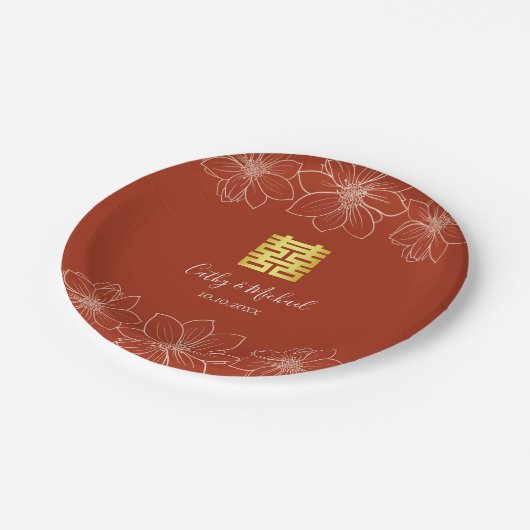 Boho rote moderne Blumenhochzeit in China Pappteller (Schrägansicht)