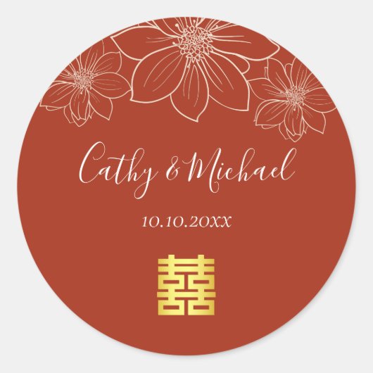Boho rote moderne Blumenhochzeit in China Runder Aufkleber (Vorderseite)