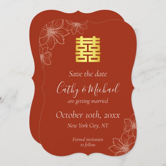 Boho rote moderne Blumenhochzeit in China Save The Date (Vorne/Hinten)