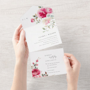 Boho rote rosa Rosen Blumen Wasserfarbe Hochzeit All In One Einladung