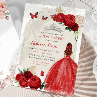 Boho Rote Rosen Princess Royal Quinceañera Einladung