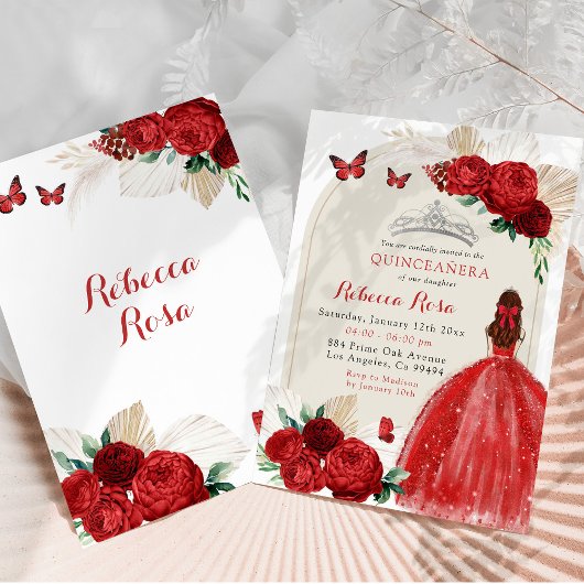 Boho Rote Rosen Princess Royal Quinceañera Einladung