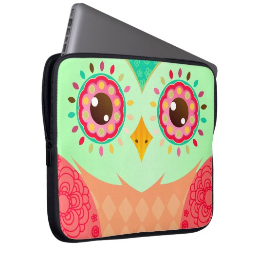Boho rote u. grüne Eule Laptopschutzhülle (Vorne Rechts)