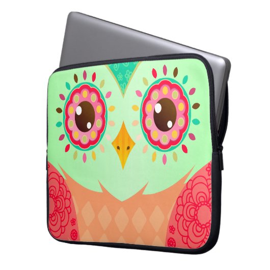 Boho rote u. grüne Eule Laptopschutzhülle (Vorderseite Links)
