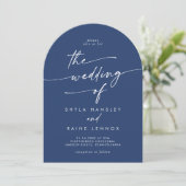 Boho Royal Blue Foto QR Code Arch Wedding Einladung (Stehend Vorderseite)