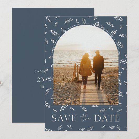 Boho Royal Blue Opulence Blätter Foto Wedding Save The Date (Vorne/Hinten)