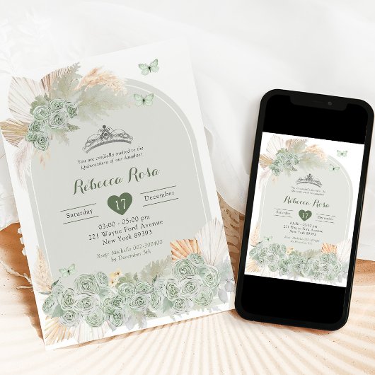 Boho Royal Crown Sage Green Princess Quinceañera Einladung