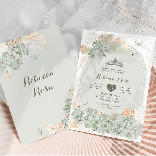 Boho Royal Crown Sage Green Princess Quinceañera Einladung