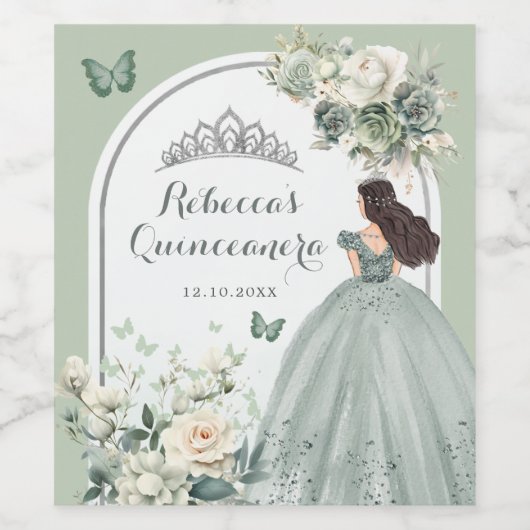 Boho Royal Sage Green Floral Quinceañera Weinetikett (Einzelnes Label)