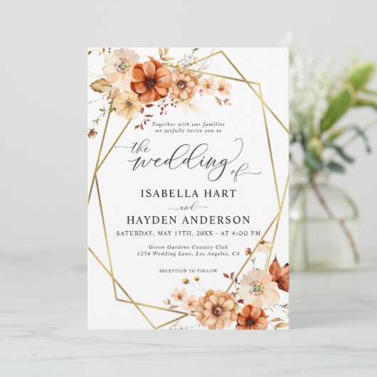 Boho Rust Beige Blumengoldrahmen Hochzeit Einladung (Stehend Vorderseite)