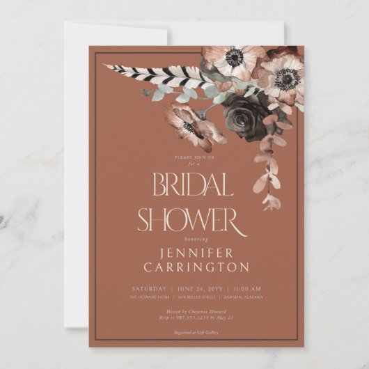 Boho Rust Black & White Blume Brautparty Einladung (Vorderseite)