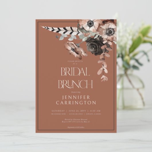 Boho Rust Black & White Blume Bridal Brunch Einladung (Stehend Vorderseite)