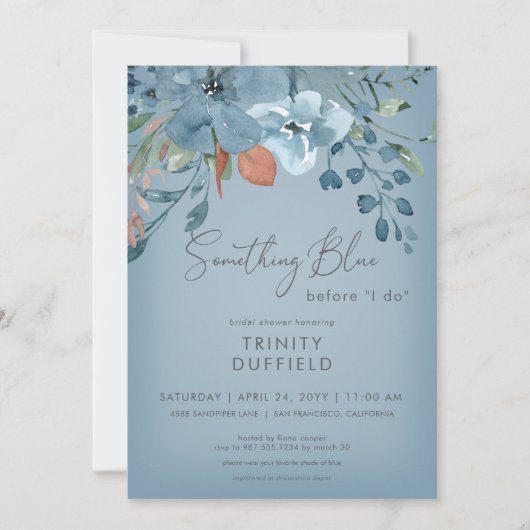 Boho Rust Blue Floral Etwas Blue Brautparty Einladung (Vorderseite)